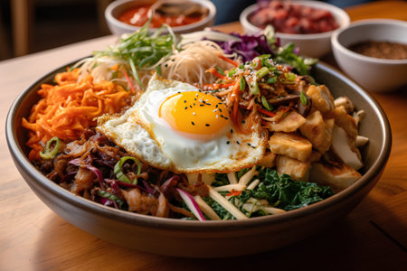 Bibimbap with fried egg and vegetables on a wooden tableの素材