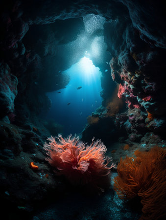 Underwater view of the coral reef with fishes and corals.の素材