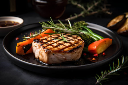 Grilled tuna steak with vegetables and rosemary on a black plateの素材