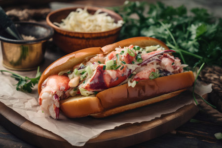 Hot dog with lobster, crab and mayonnaise on wooden backgroundの素材