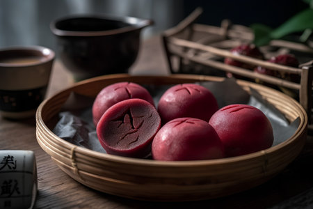 Red glutinous rice dumplings in bamboo basket on wooden tableの素材