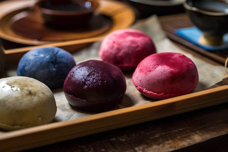 Japanese confectionery, red and blue mochi on wooden tableの素材