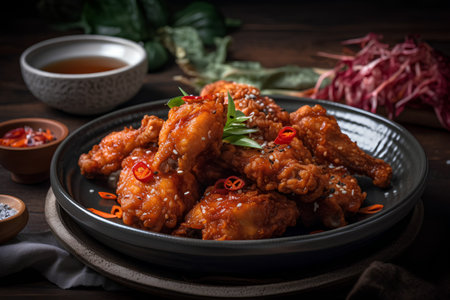 Fried chicken with sweet and sour sauce in bowl on wooden tableの素材