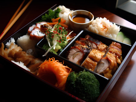japanese food, eel with rice and vegetables in bento boxの素材