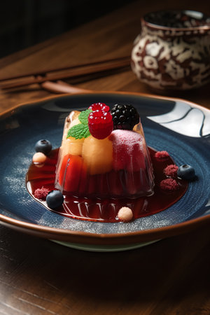 Panna cotta dessert with berries and chocolate syrup, selective focusの素材