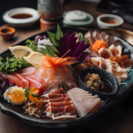 Sashimi platter with salmon, tuna, shrimp, tuna and vegetablesの素材