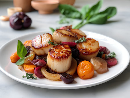 Delicious grilled scallops with vegetables on plate, closeupの素材