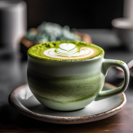 Green tea with latte art in a cup on wooden table.の素材