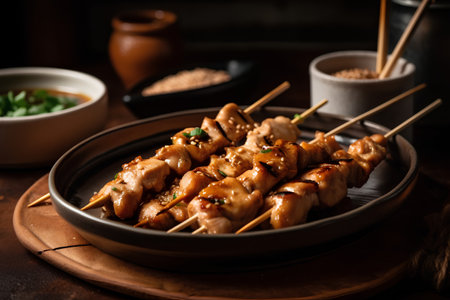 Grilled chicken skewers with sesame seeds on a plate.の素材