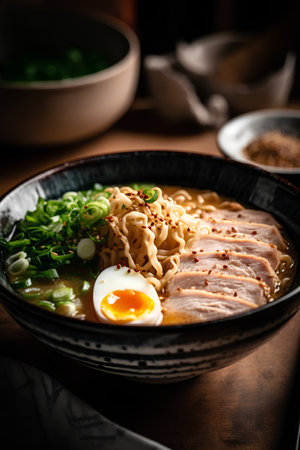 Ramen noodle soup with pork and egg in bowl on wooden tableの素材