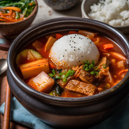 Korean style pork soup with rice and vegetables in a clay potの素材