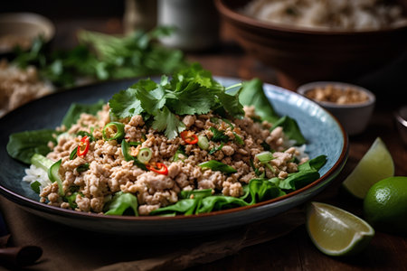 Thai spicy minced pork salad with rice and vegetables, selective focusの素材
