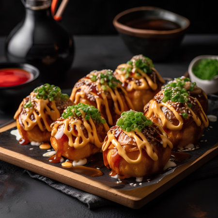 Takoyaki - japanese dumplings on a black backgroundの素材