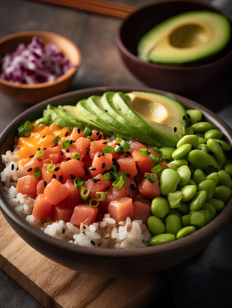 Hawaiian poke bowl with salmon, avocado and edamame beansの素材