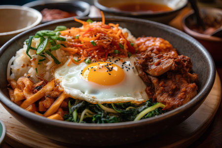 Bibimbap korean food with fried egg, rice and vegetablesの素材