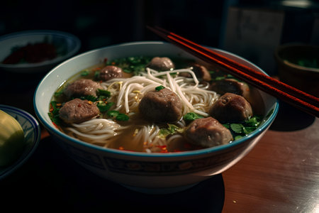 Vietnamese noodle soup with meatballs in a bowl.の素材