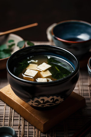 Japanese miso soup with tofu and seaweed, selective focus.の素材