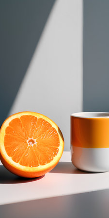 Cup of coffee and orange on table with shadow on wall.の素材