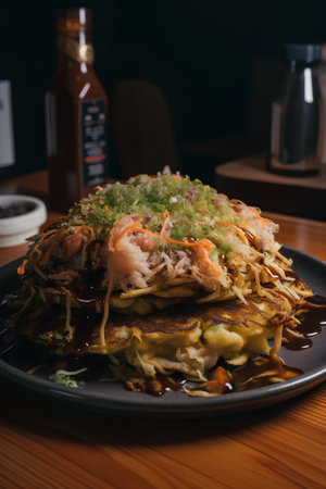 Pancakes with prawns and sauce on a wooden tableの素材