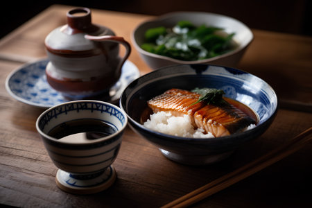 Japanese food, salmon and miso soup served on a wooden tableの素材