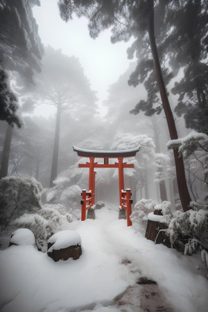 Beautiful Japanese temple in the winter forest with snow and fog.の素材