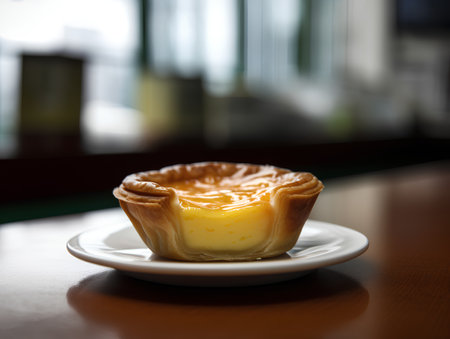 Delicious egg tart on the table in the cafe. Selective focus.の素材