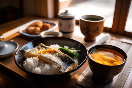 Japanese food, saba fish and rice on a wooden table.の素材