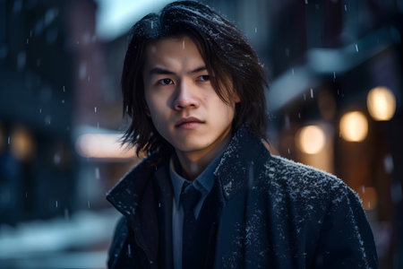 Portrait of a handsome asian man in the city at nightの素材