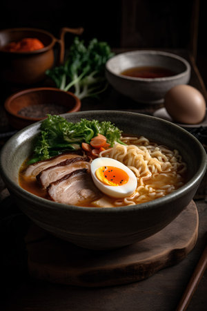 Japanese ramen noodle soup with pork and egg in bowl on wooden tableの素材