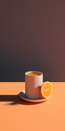 Cup of coffee with orange on orange background. 3d renderingの素材