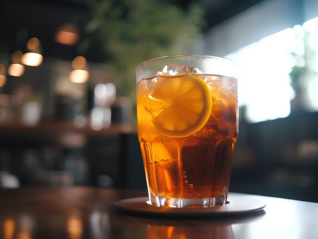 glass of iced tea with lemon on the table in a barの素材