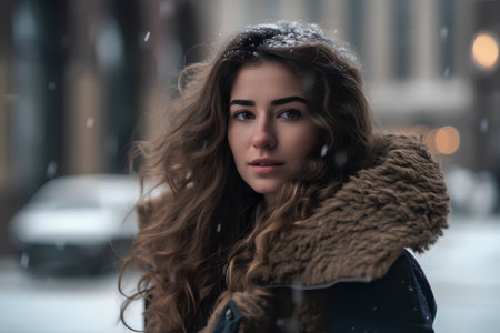 Winter portrait of young beautiful woman with long curly hair in the cityの素材