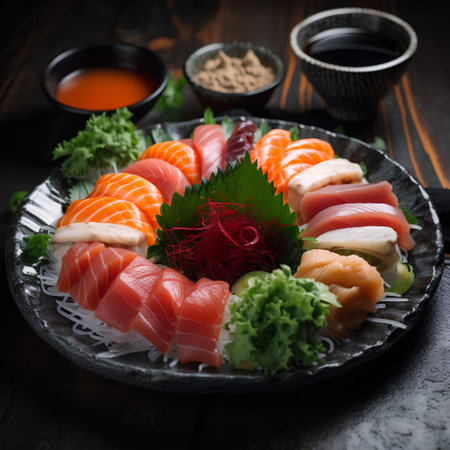 Japanese food Sashimi and nigiri sushi on black plate with soy sauce and chopsticksの素材