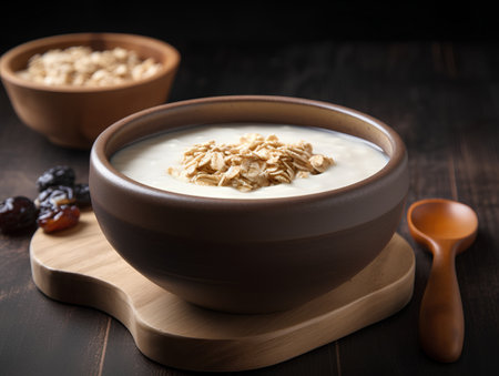 Oat porridge with raisins and milk in bowl on wooden tableの素材
