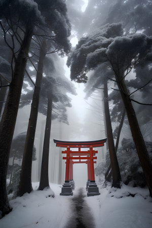 Red torii gate in the winter forest with fog, Japan.の素材