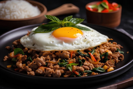 Stir-fried pork with basil and fried egg on black plateの素材