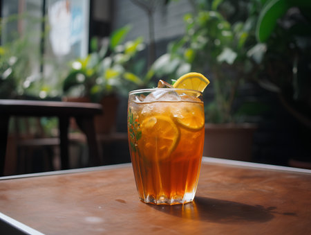 Photo for Iced tea with lemon on wooden table in coffee shop, stock photo - Royalty Free Image