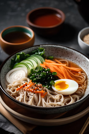 Japanese udon ramen noodle soup with egg and vegetables on dark backgroundの素材