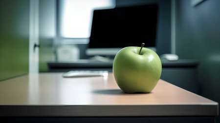 Green apple on a table in front of a computer monitor in the officeの素材
