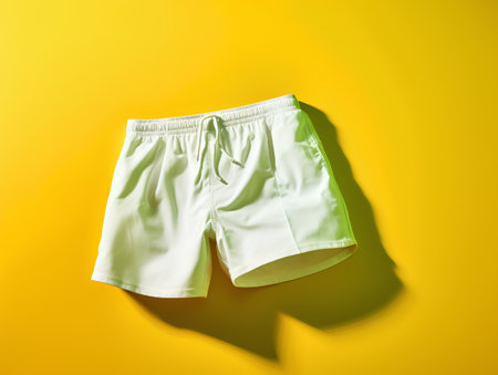 Men's sports shorts on a yellow background. Flat lay, top viewの素材