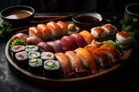 Sushi set with salmon, tuna, shrimp, avocado, wasabi and ginger on dark backgroundの素材