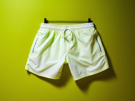 Men's sports shorts on a hanger on a green background.の素材