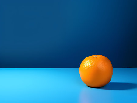 Orange fruit on blue background with copy space. Minimal concept.の素材