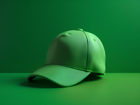 Green baseball cap on a green background. 3d render illustration.の素材