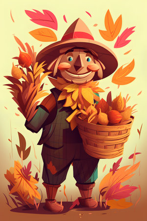 Funny scarecrow with a basket of autumn leaves. Vector illustration.の素材