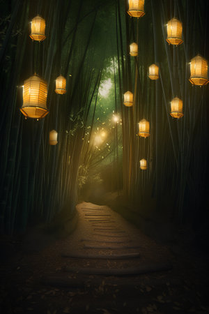 Lanterns in the bamboo forest, 3d render.の素材