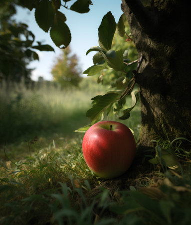 Red apple on a green grass under a tree in the garden.の素材