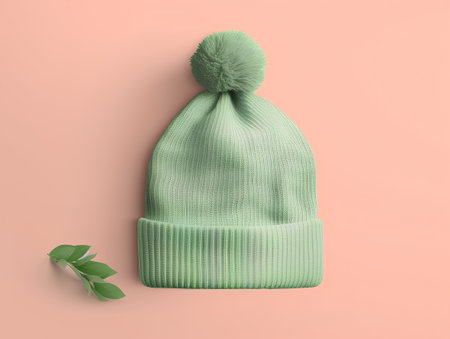Stylish knitted hat on color background. Flat lay, top viewの素材