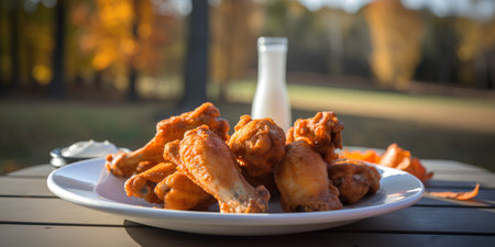 Fried chicken wings on a white plate on a wooden table in the park.の素材