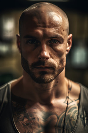 Portrait of a muscular man with tattoos on his arms in a gymの素材